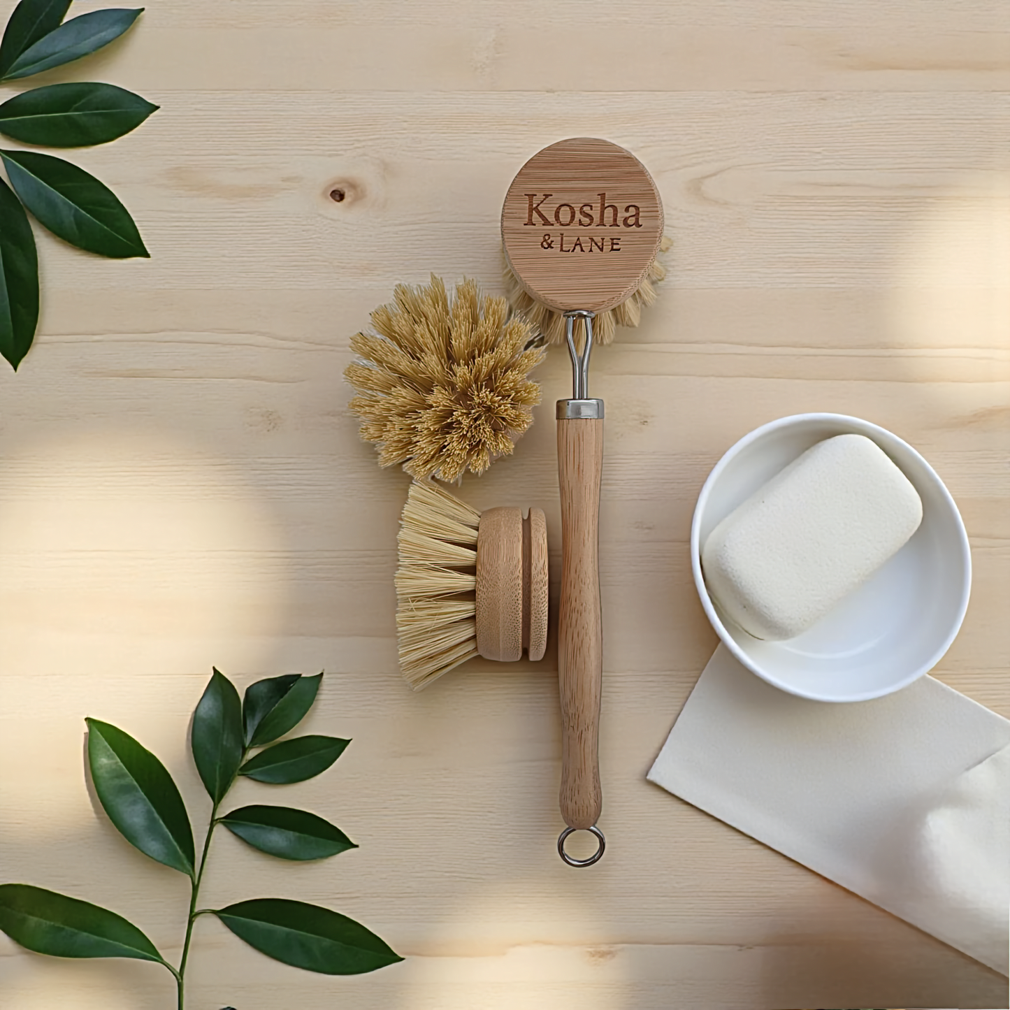 Kosha & Lane Bamboo Dishwashing Brush with Replacement Heads set
